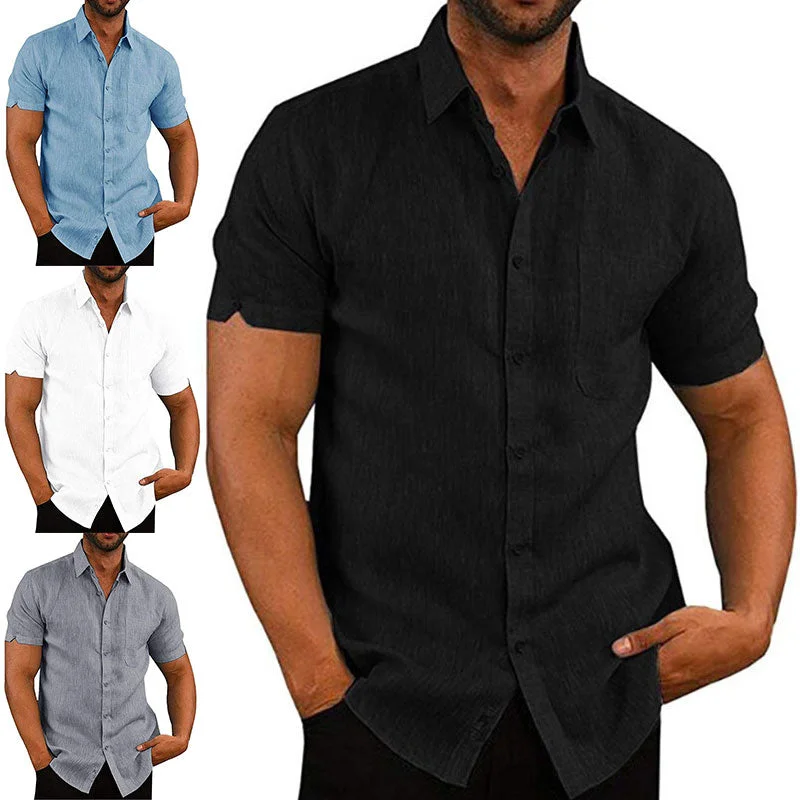 Men's Cotton Linen Casual Short Sleeve Shirt Loose Tops Blouse Tunic Button-Down