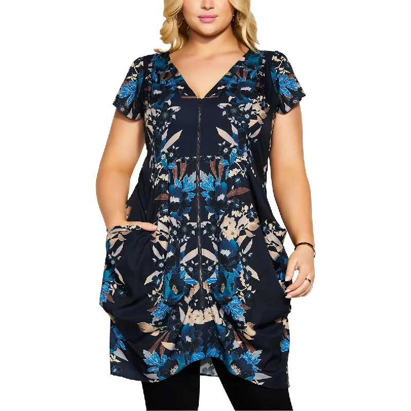 Plus Womens Floral Print Pleated Tunic Top