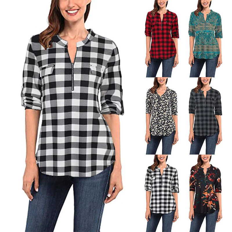 Women Plaid Printed Casual Shirt Blouse Tops Stand Collar Pullover Tunic Zipper