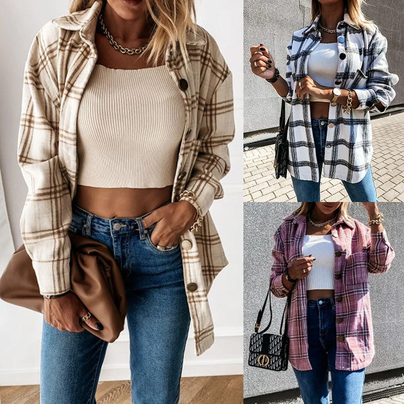 Women Plaid Printed Long Sleeve Shirt Loose Casual Tops Blouse Tunic Button-Down