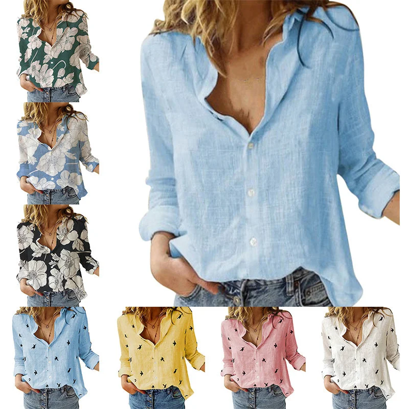 Womens Bird Printed Linen Shirt Long Sleeve Tops Blouse Casual Tunic Button-Down