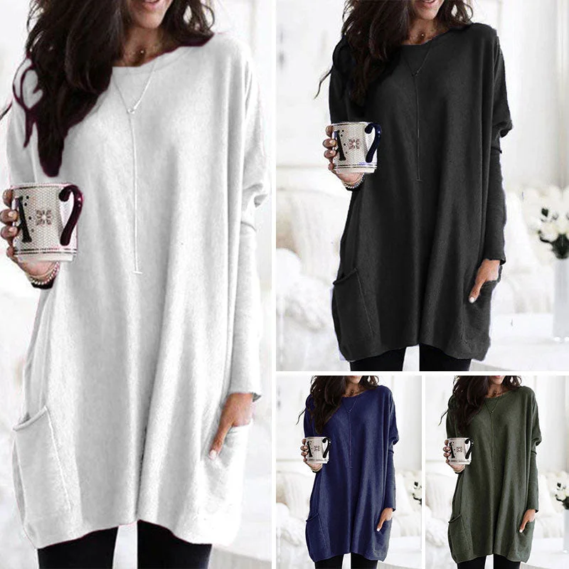 Womens Casual Long Sleeve Pocket T Shirt Loose Solid Color Tunics Shirt Blouse Tops