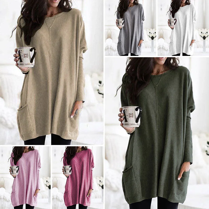 Womens Casual Long Sleeve Pocket T Shirt Loose Solid Color Tunics Shirt Blouse Tops