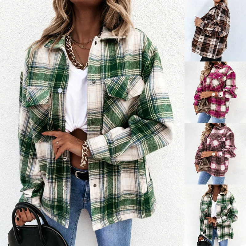 Women's Check Fleece Casual Jacket Shacket Top Shirt Coat Tunic Loose Baggy Coat