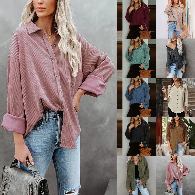 Women's Solid Color Long Sleeve Shirt Top Casual Cardigan Button-Up Blouse Tunic