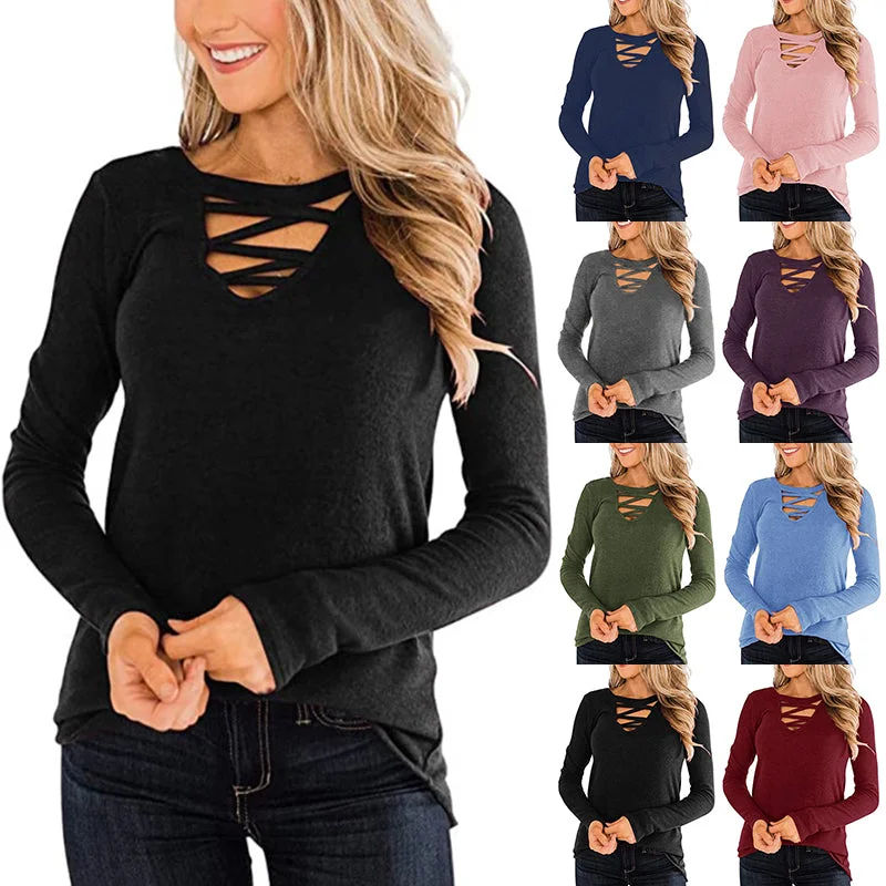 Women's Solid Cross Straps Crew Neck Long Sleeve Tops Blouse Pullover Tunic Tee