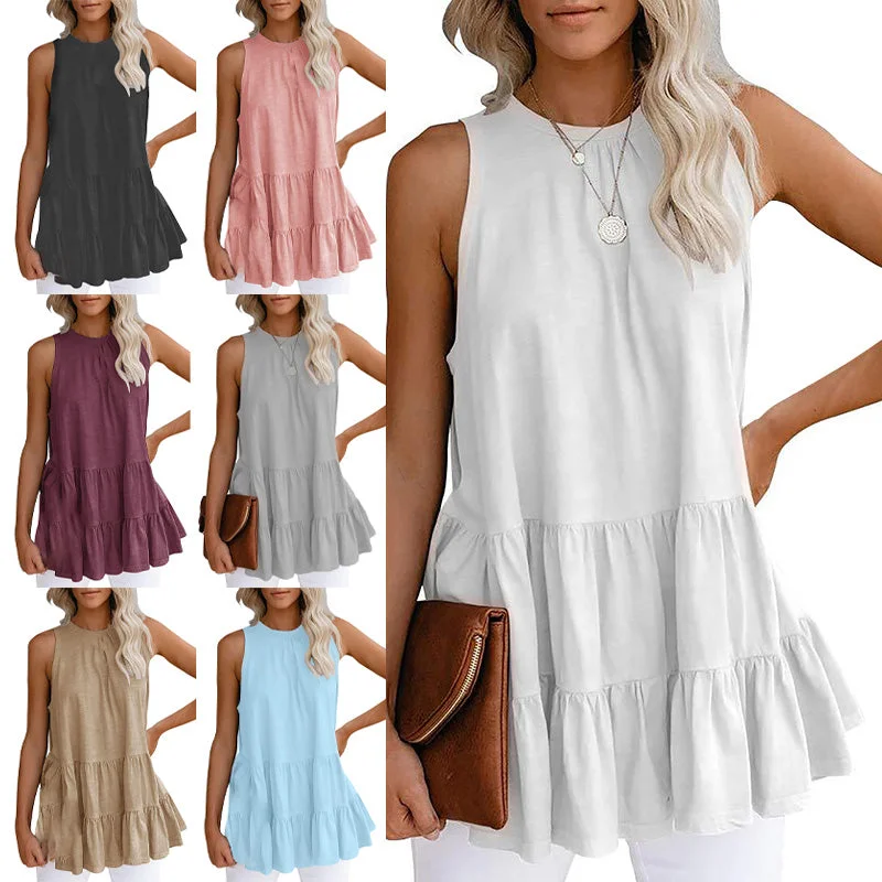 Women's Tiered Vest Tank Top Casual Loose Sleeveless Shirt Blouse Pullover Tunic