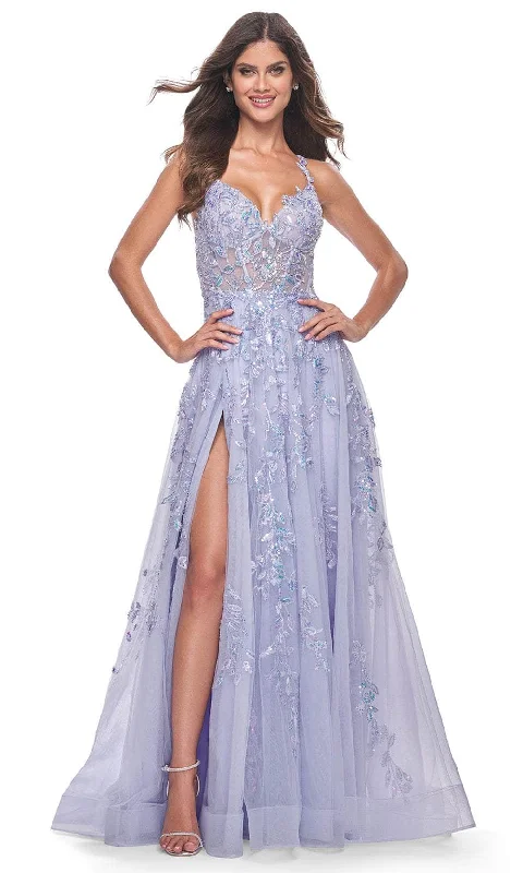 La Femme 32349 - V-Neck Lace Applique Prom Gown